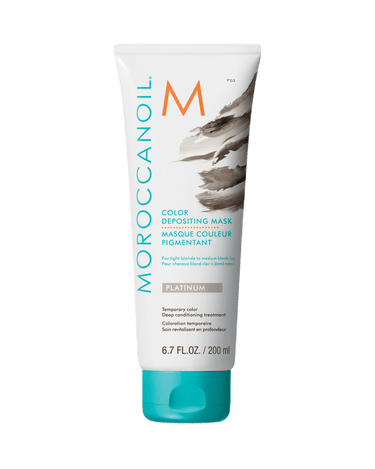 A tube of Moroccanoil Color Depositing Mask Platinum 6.7 oz / 200mL stands out against a crisp white background.